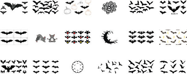 Flying creatures and pumpkins bats silhouettes
