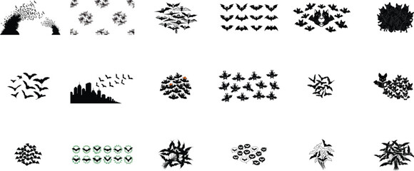 Bat silhouettes flying and clustered group