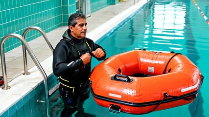 Older male rescue swimmer in a wetsuit prepares with an orange inflatable life raft during pool training - Powered by Adobe