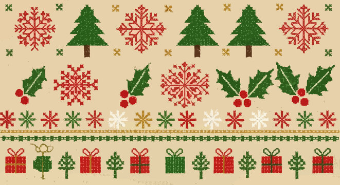 Delightful cross stitch holiday pattern featuring festive trees, snowflakes, holly, and gift boxes perfect for seasonal crafts and decorations