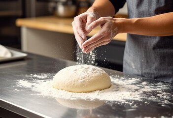 Baker dusts flour over dough on a floured kitchen counter, shaping bread with focus