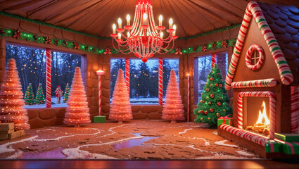 AI-generated image of the inside of a gingerbread house full of Christmas spirit