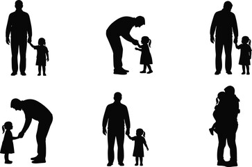 Silhouettes of father holding hands and caring for daughter, family love bonding, parent and child relationship illustration for parenting and childcare design