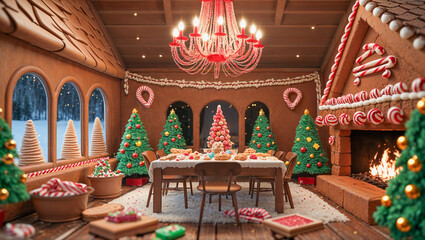 AI-generated image of the inside of a gingerbread house full of Christmas spirit