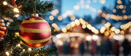 Colorful ornament shines on a tree as festive stalls glow with lights and people enjoy a lively holiday atmosphere at night