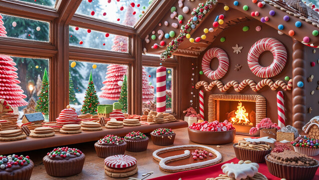 AI-generated image of the inside of a gingerbread house full of Christmas spirit - Powered by Adobe