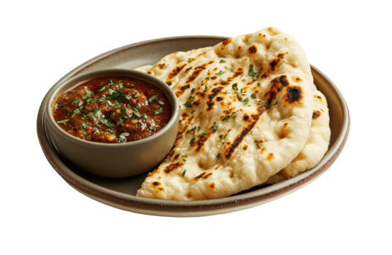 Naan Bread with Steaming Curry Dish, PNG, isolated on transparent background.