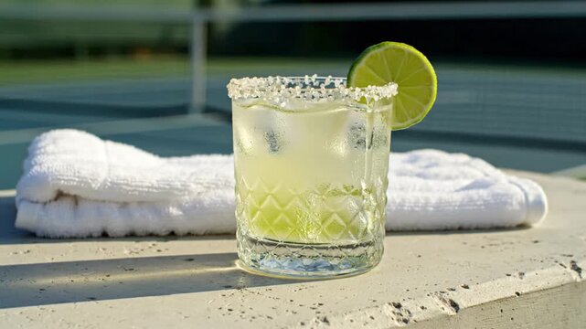 Refreshing margarita served with a lime wedge on a stone table near a tennis court in the background