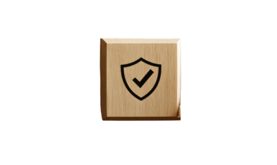 Checkmark in shield on wooden block for security and trust, PNG, isolated on transparent background.