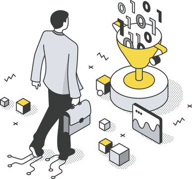 Man walking towards data funnel with binary code person
