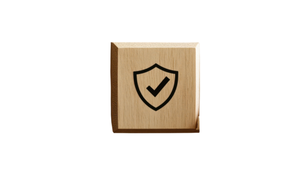 Checkmark in shield on wooden block for security and trust, PNG, isolated on transparent background. - Powered by Adobe