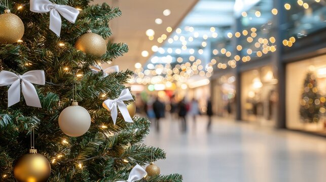 Shoppers enjoy a lively atmosphere filled with holiday spirit in a decorated shopping center adorned with lights and festive ornaments