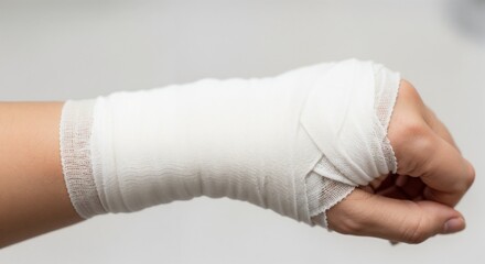 Wrist with stretch bandage representing healing and recovery on a plain background