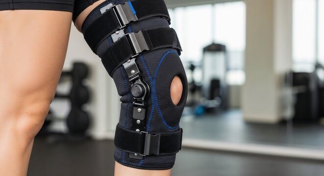 Close-up of an orthopedic knee brace on a leg for support and rehabilitation in a gym environment