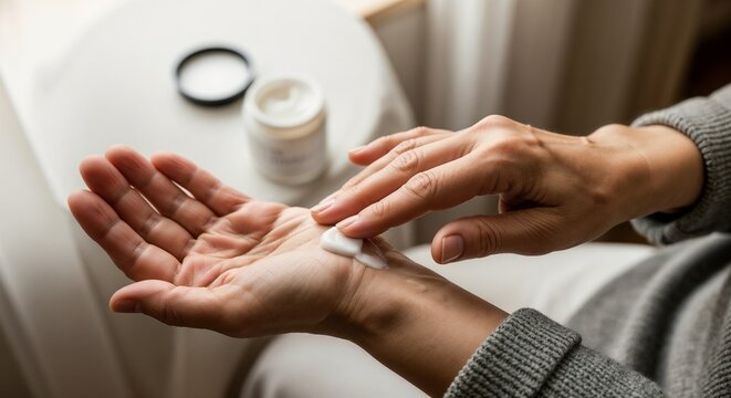 Elderly hands applying cream on the wrist for skincare and moisturizing in a cozy environment