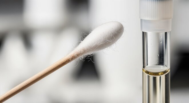 Close-up of a cotton swab and test tube representing medical testing and laboratory research
