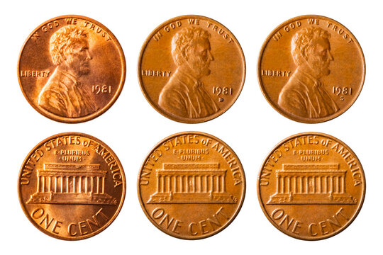 Isolated photo of 1 Lincoln memorial cent USA 1981 P, D and S coin on white background.