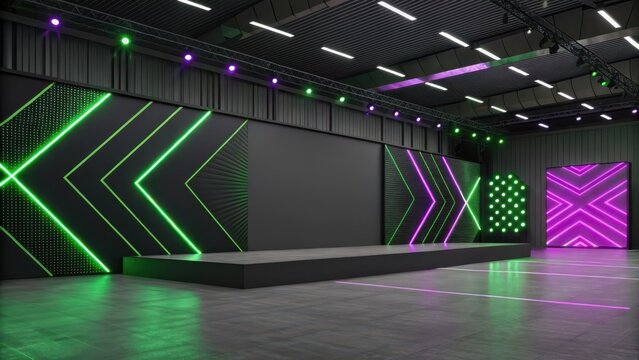Dynamic modern stage with vibrant neon lights and a sleek platform ready for captivating presentations or performances