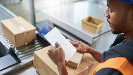 Delivery driver checks labels at a sorting station, preparing parcels for dispatch.