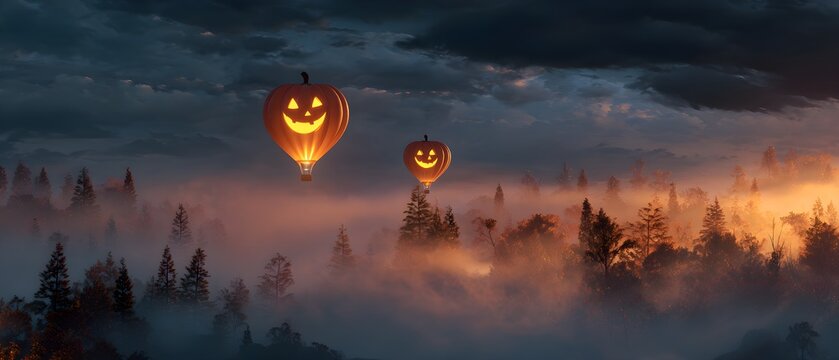 Spooky Halloween pumpkin hot air balloons float serenely over a misty, autumnal forest at twilight, casting a warm, magical glow.