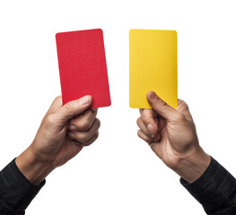Two hands hold a red and a yellow card