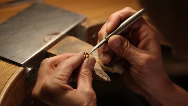 Diverse jewelers' hands steady tiny gemstone with slender prong tool during jewelry