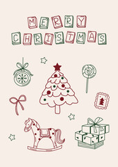 Christmas card with vector whimsical hand drawn doodle illustrations. Winter holiday poster with Christmas tree, horse, gifts, candy and lettering.