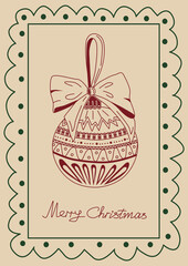 Holiday card featuring illustration of Christmas ball bow in whimsical wavy frame. Hand drawn greeting card in doodle style.