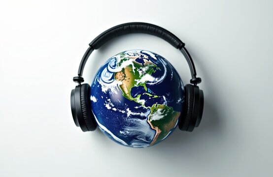 Planet Earth globe wears black headphones on white background. World listens to music podcasts or sound. Global communication concept for international song day, entertainment. Listen to our planet.