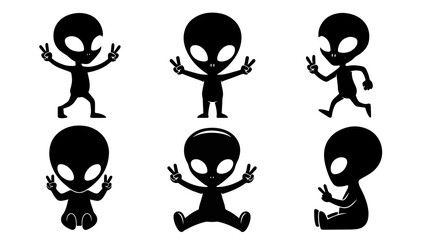 Alien silhouettes with peace signs isolated on white background