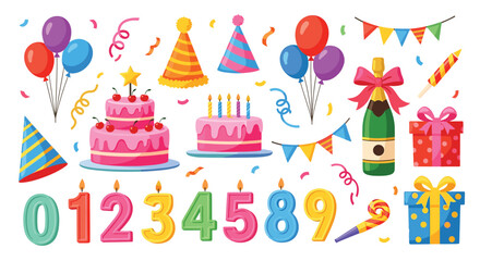Colorful Birthday Party Clipart Collection with Cakes, Balloons, Gifts, and Candles Numbered from 0 to 9 for Festive Decorations