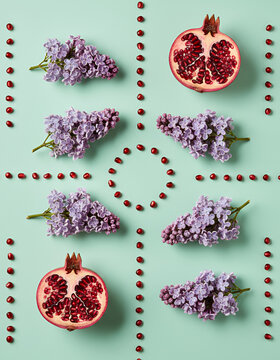 Frozen Lilacs and Pomegranate Flat Lay Geometry