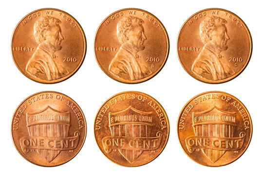 Isolated photo of 1 Lincoln shield cent USA 2010 P, D and S coins on white background.