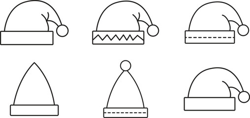 Collection of six simple outline drawings of santa hats for christmas