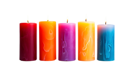 Colorful burning candles isolated on a transparent white background, clipping path, pen tool