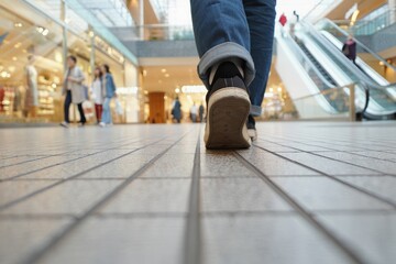 Fototapeta premium Single shopper's sneaker crosses terrazzo floor in a bright shopping mall