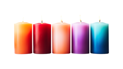 Colorful burning candles isolated on a transparent white background, clipping path, pen tool
