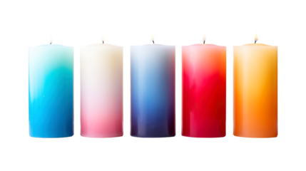 Colorful burning candles isolated on a transparent white background, clipping path, pen tool