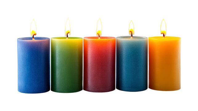 Colorful burning candles isolated on a transparent white background, clipping path, pen tool