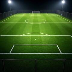Obraz premium Illuminated Soccer Field at Night with Goal and Floodlights