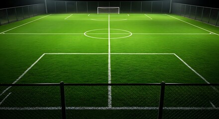 Illuminated Soccer Field at Night with Goal and Fencing