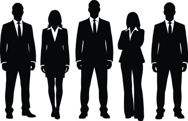 Diverse group of five business professionals standing together in silhouette against a white background