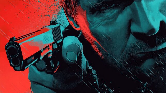 Intense Close-Up of Man Aiming Gun with Dramatic Red and Teal Lighting
