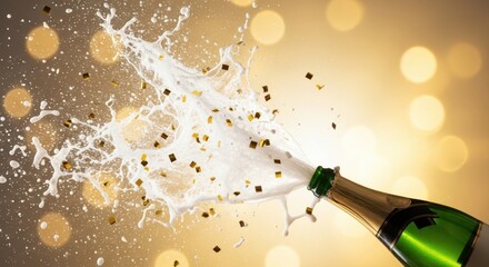 Champagne explosion celebrates a festive occasion with golden confetti and bokeh