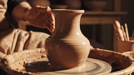 Skilled artisan shaping a clay pot on a pottery wheel in a warm, inviting studio environment