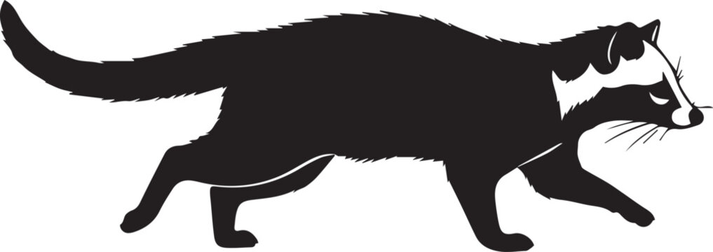 Silhouette of a walking civet cat animal with distinctive facial markings in profile view