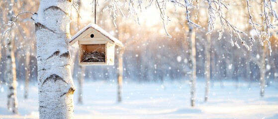 Fototapeta premium A wooden birdhouse sits atop a snowy tree branch while a serene house lies in the background under clear winter skies