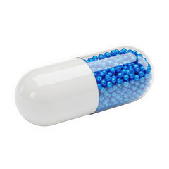3d pharmaceutical capsule with blue granules isolated on transparent background