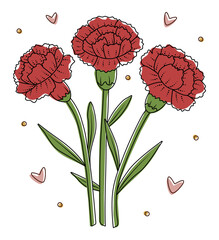 Three red carnations with black contour, buds and leaves, vector monochrome flower bouquet in boho color palette