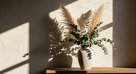 Minimalist ceramic vase with pampas grass casting hard shadows on beige wall.